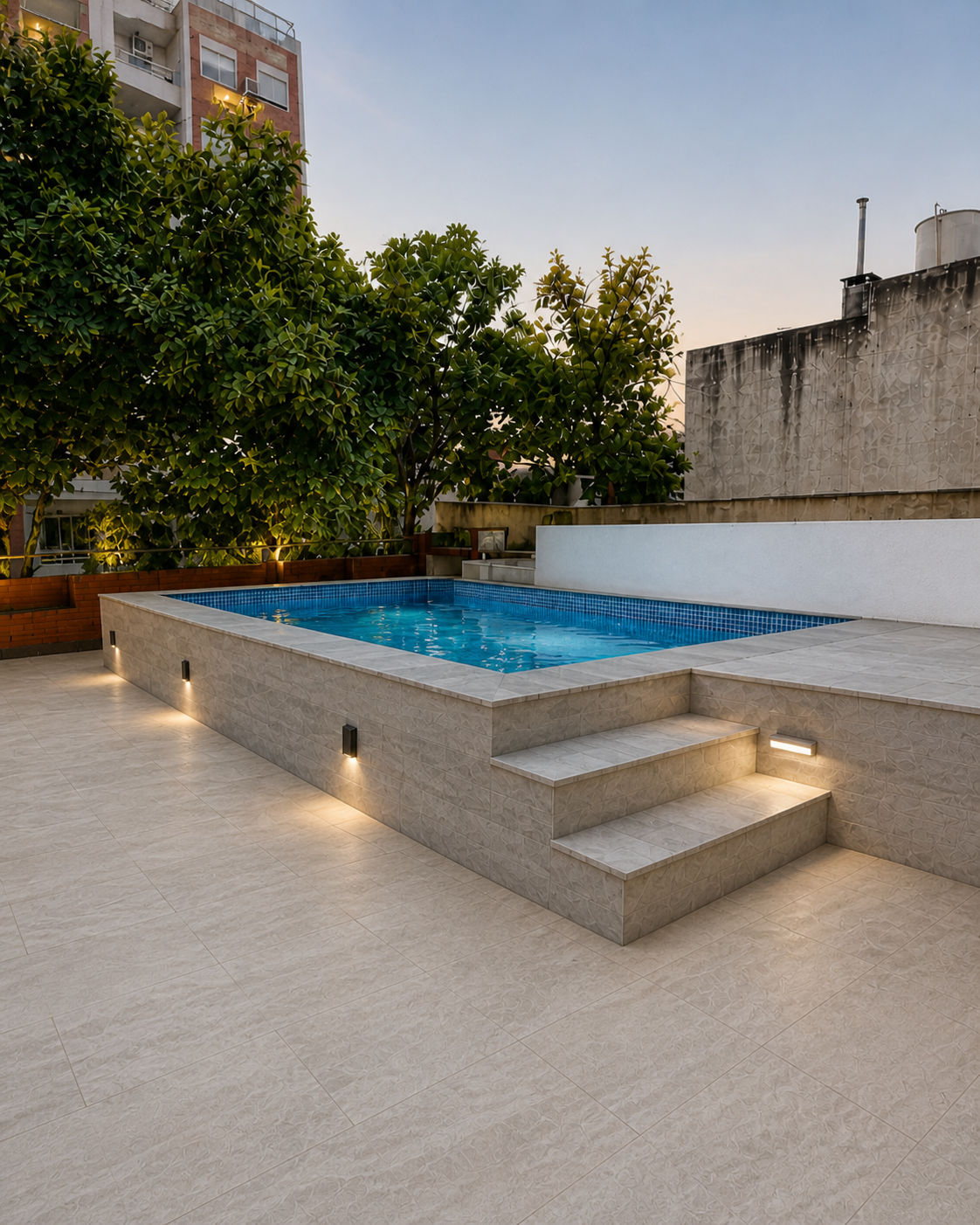 Piscina rooftop elevada en terraza urbana