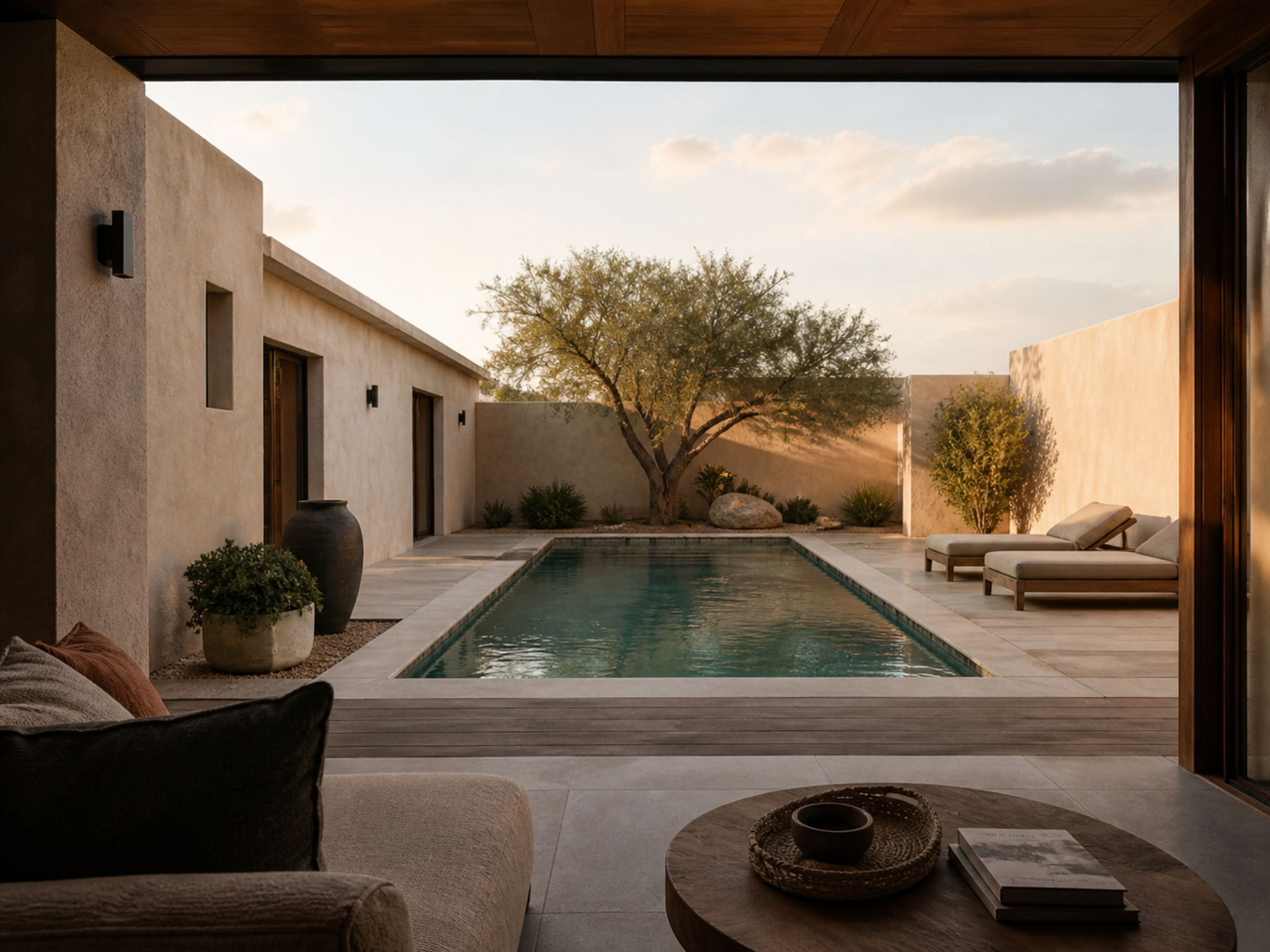 Piscina de líneas serenas en un espacio minimalista