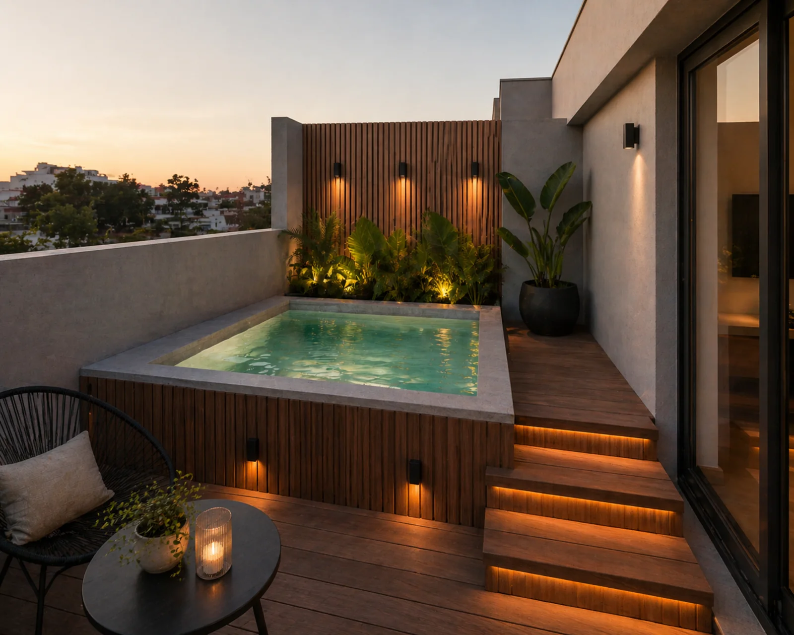 Piscina rooftop compacta con revestimiento premium