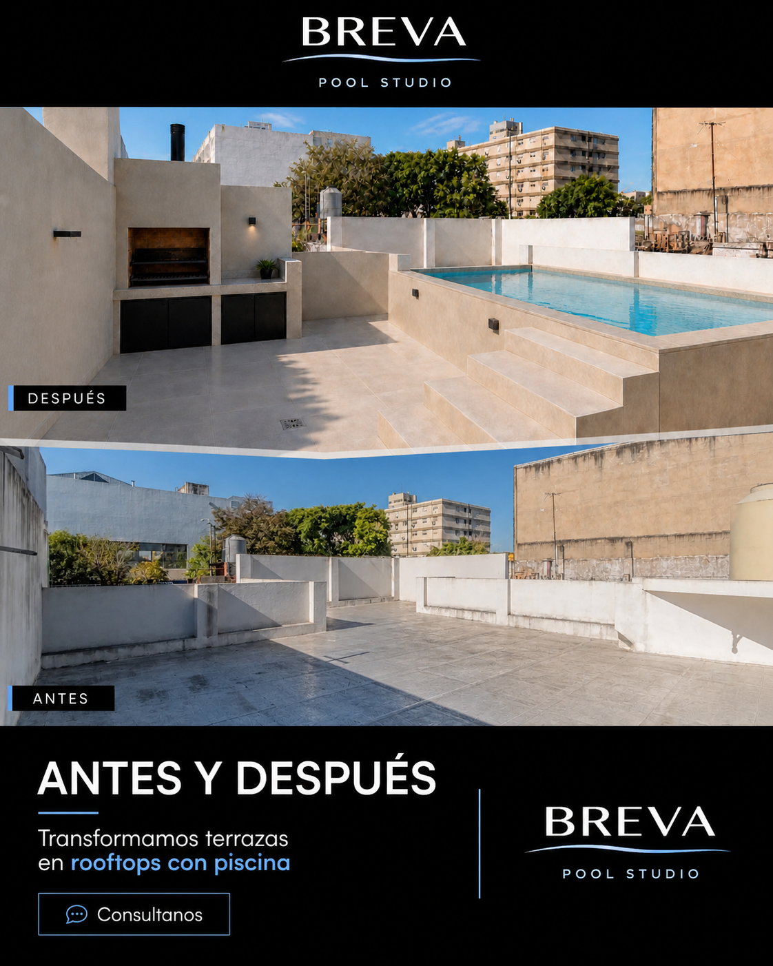 Antes y después de transformación de terraza en rooftop con piscina
